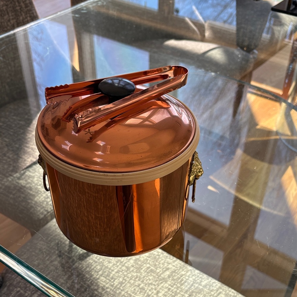 Vintage Copper-Colored Ice Bucket with Tongs